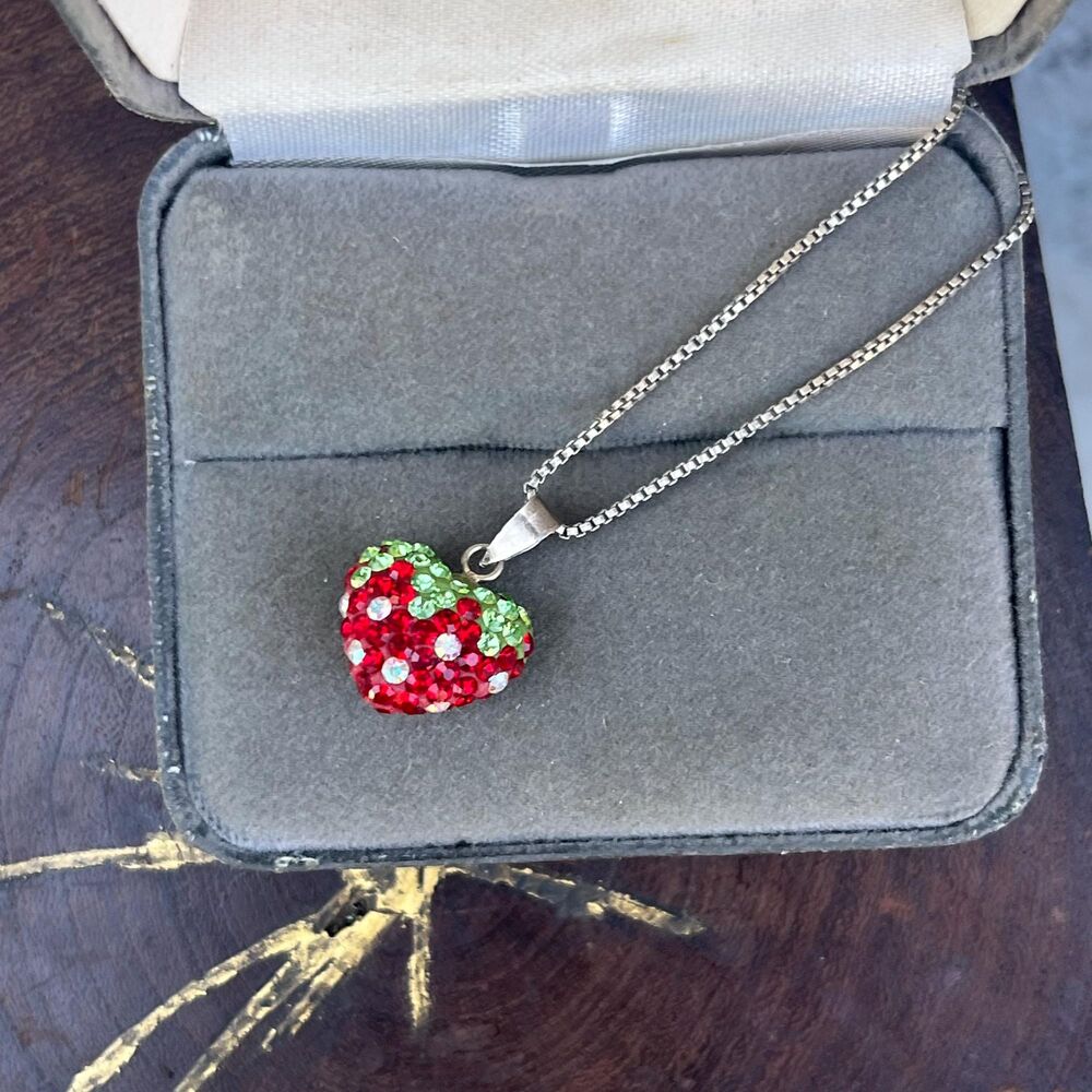 90s Sterling Silver Rhinestone Strawberry Necklace in Sterling Silver Fruit
